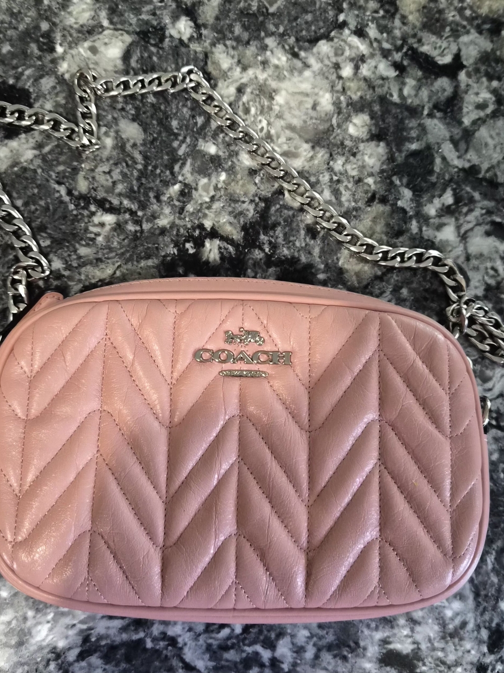 COACH Pink Quilted Leather Chevron Crossbody/ Belt Bag with Silver Chain